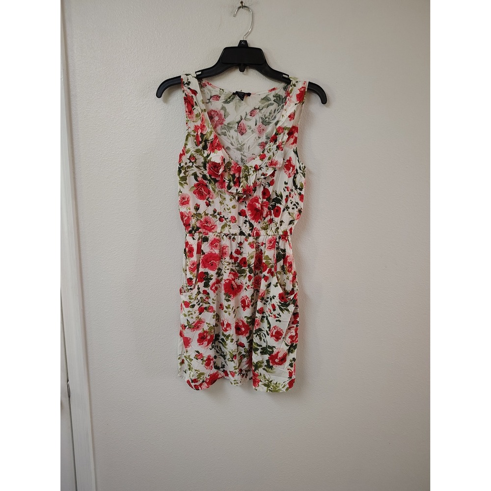 Timing Womens Floral Ruffle V-Neck Mini Dress Ivory Red Green WD179-FA62 Small‎